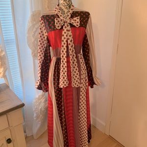 Multi pattern red dress with tie bow neck